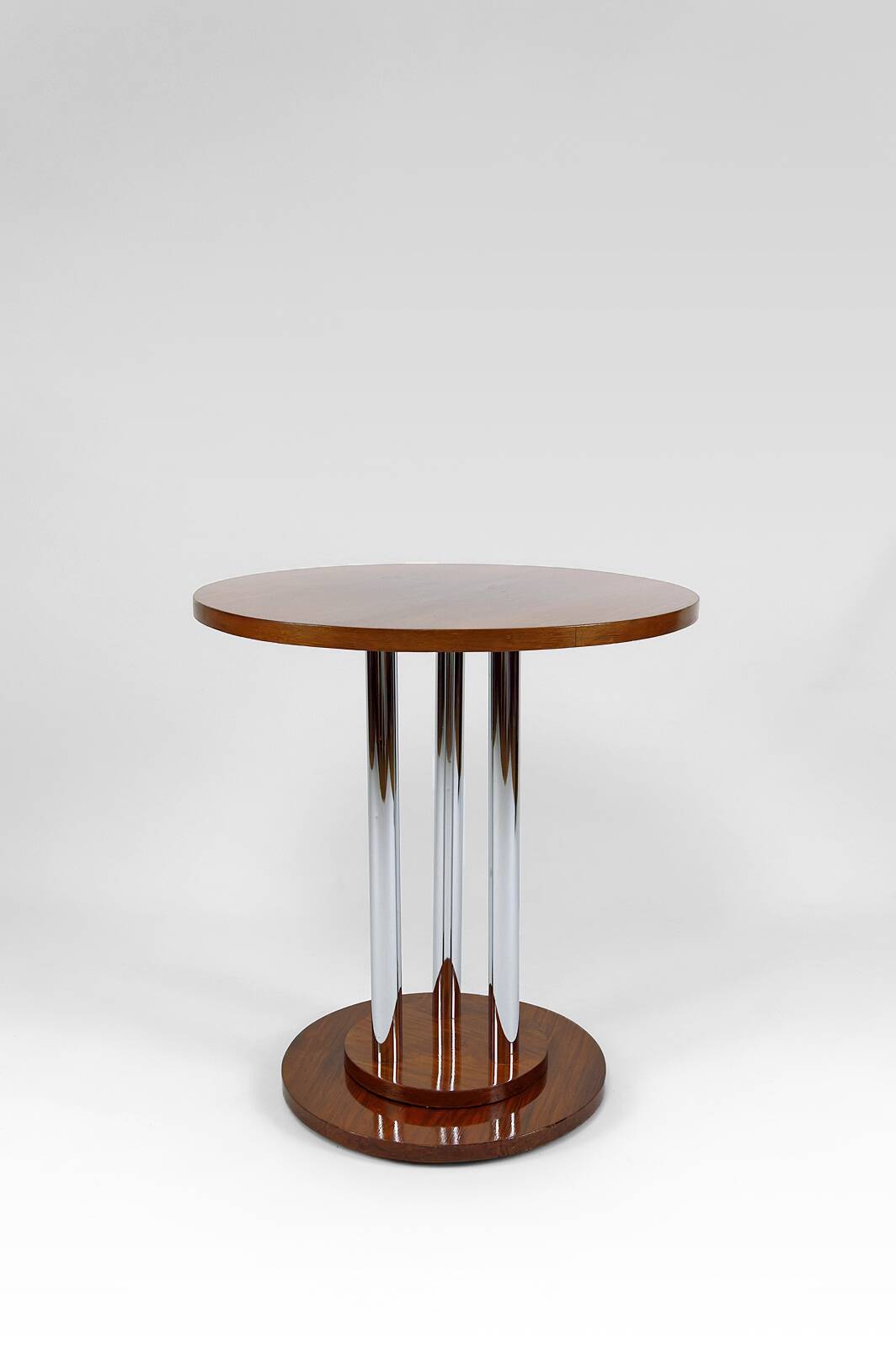 Modernist Art Deco pedestal table in walnut and chrome, France, Circa 1930