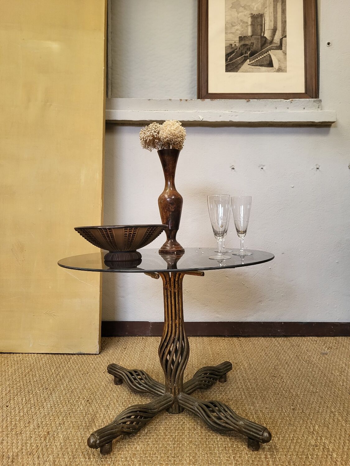 1970s modernist coffee table in smoked glass and metal.