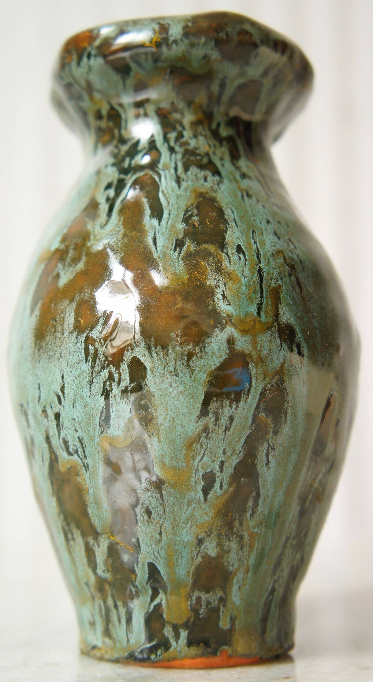 Small clay ceramic vase with glazes signed Sandrine, 2007