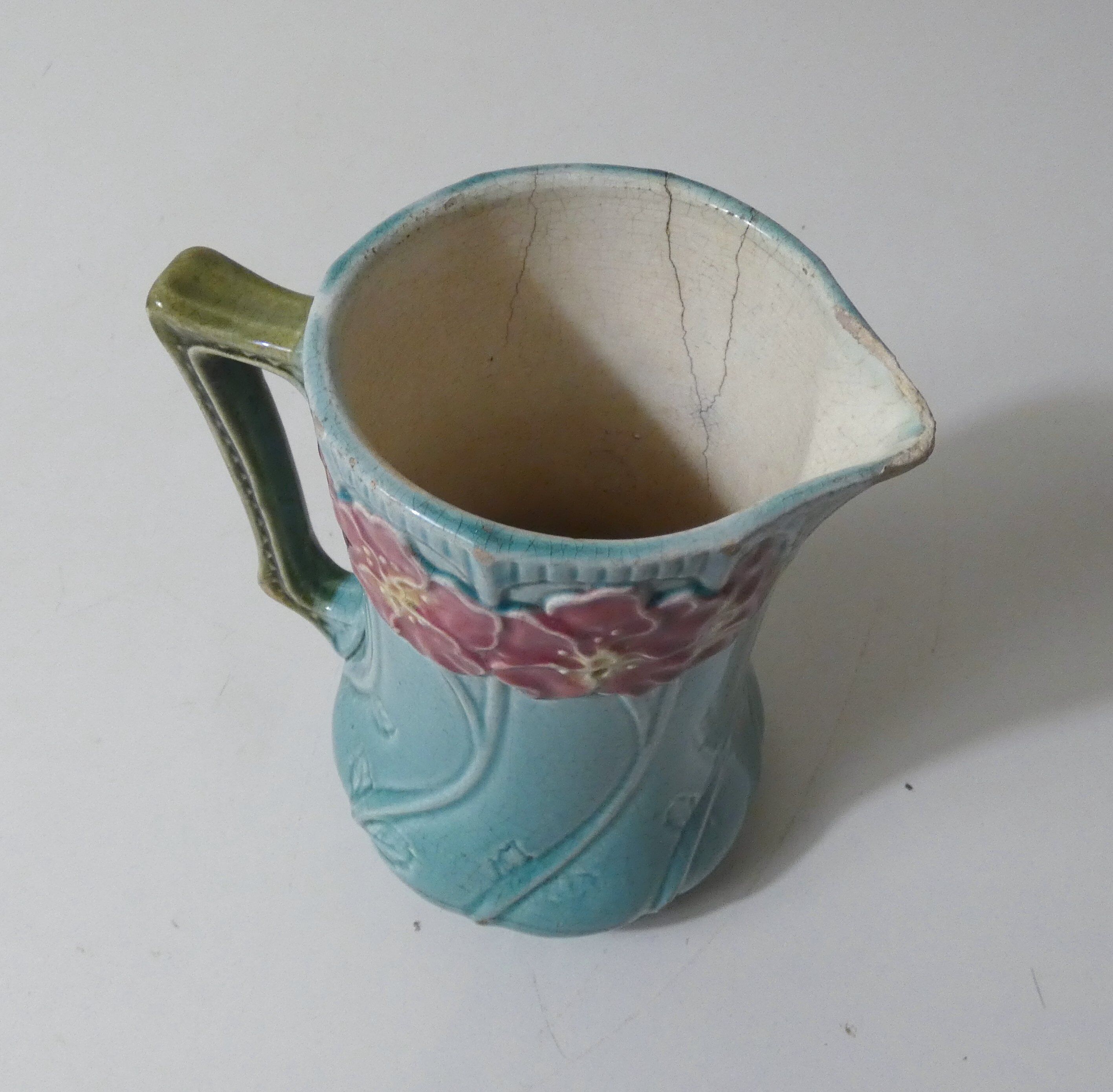 Antique Art Deco turquoise flowered slipware jug vase
