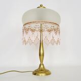 Lampe de table, lampe de chevet 2 feux, pied laiton, globe et perles rose