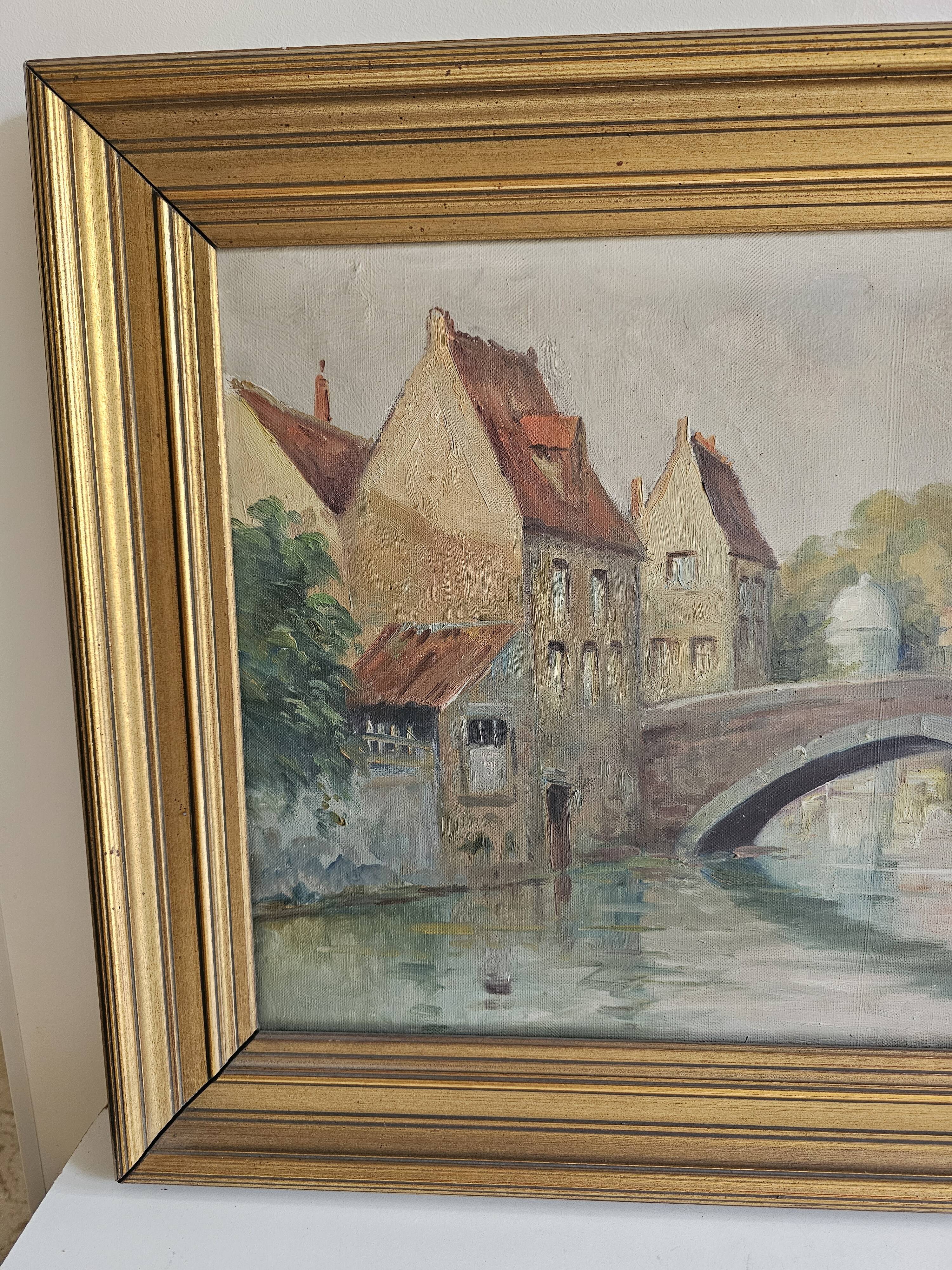 Oil on Canvas Landscape The Old Canals of Bruges - Signed Glossier
