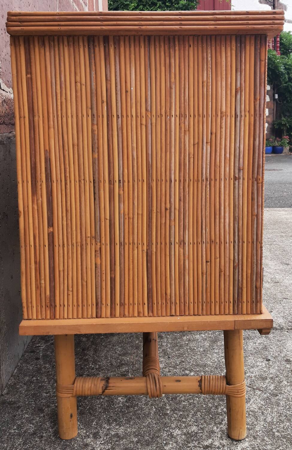 Console table in rattan and bamboo, (Attributed to Audoux-Minet)