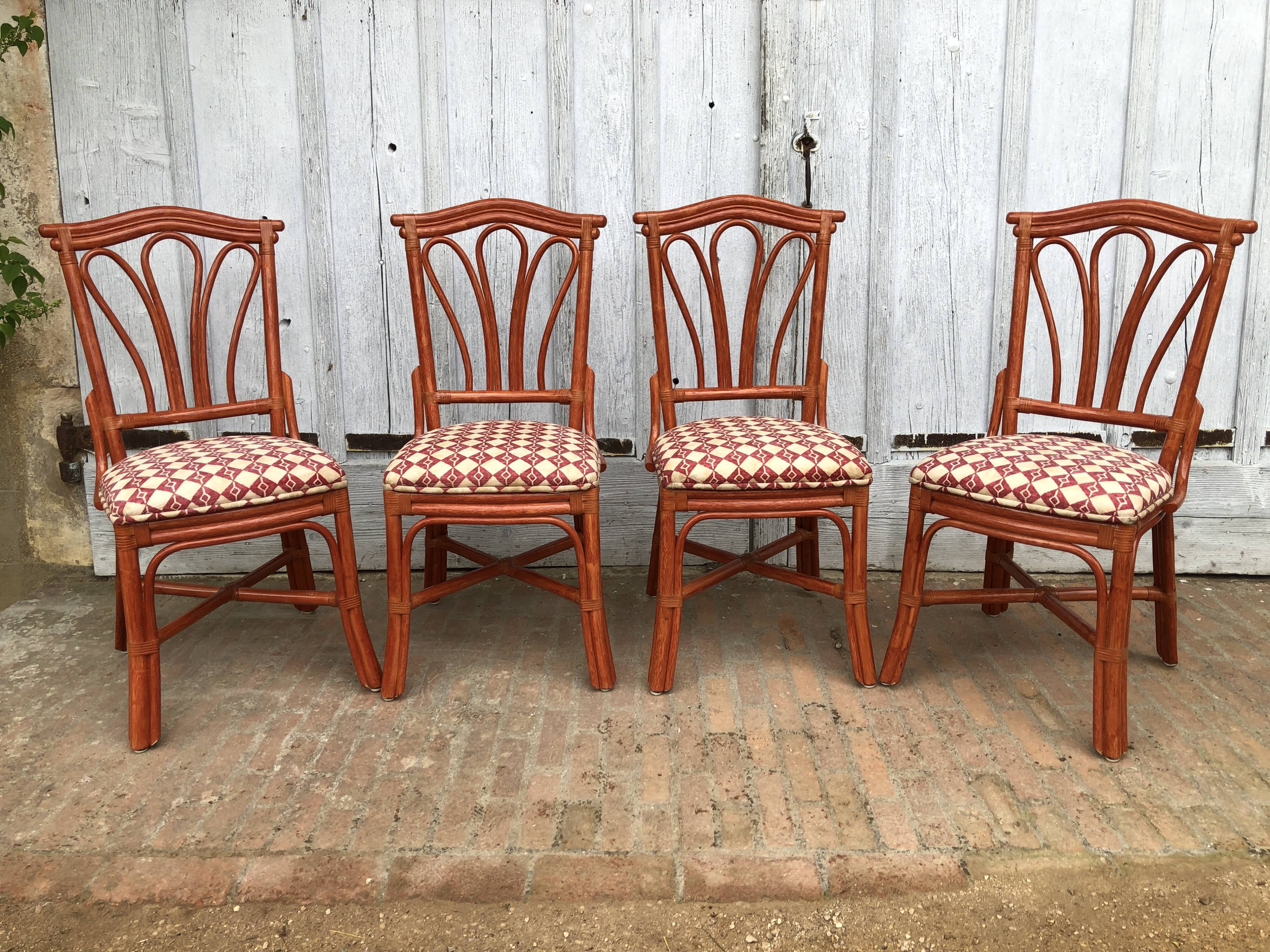 4 chaises bambou et cuir Roche Bobois 1960