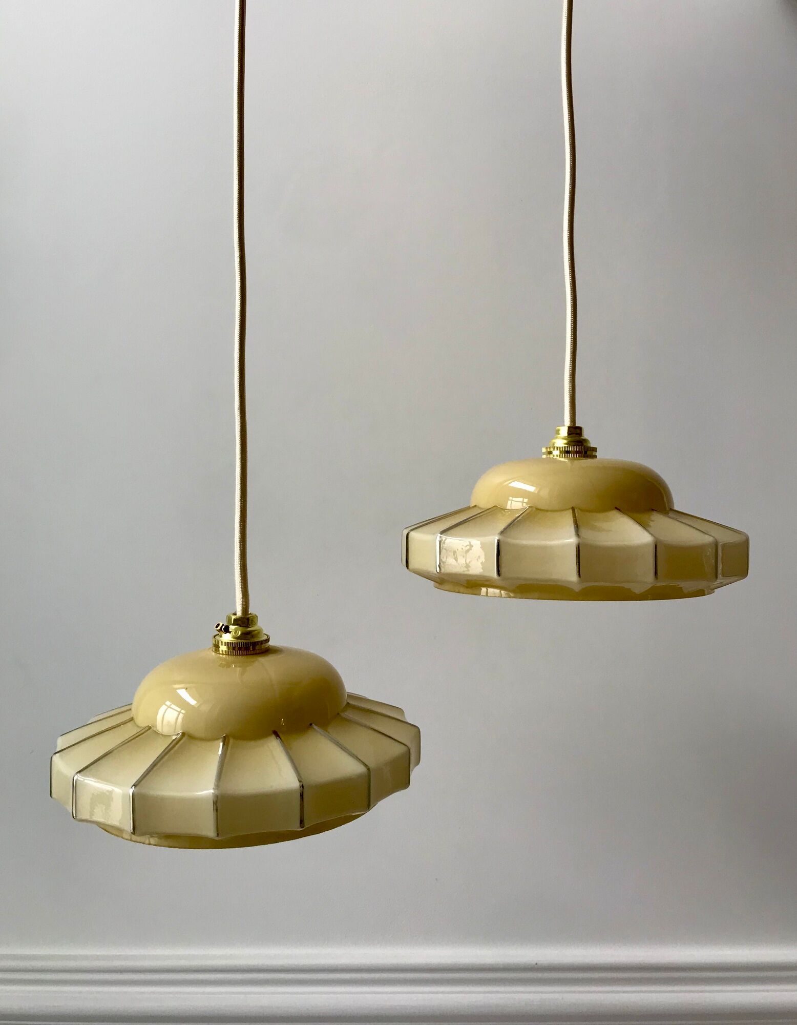 Pair of suspensions in opaline glass cream and silver border art deco 30s