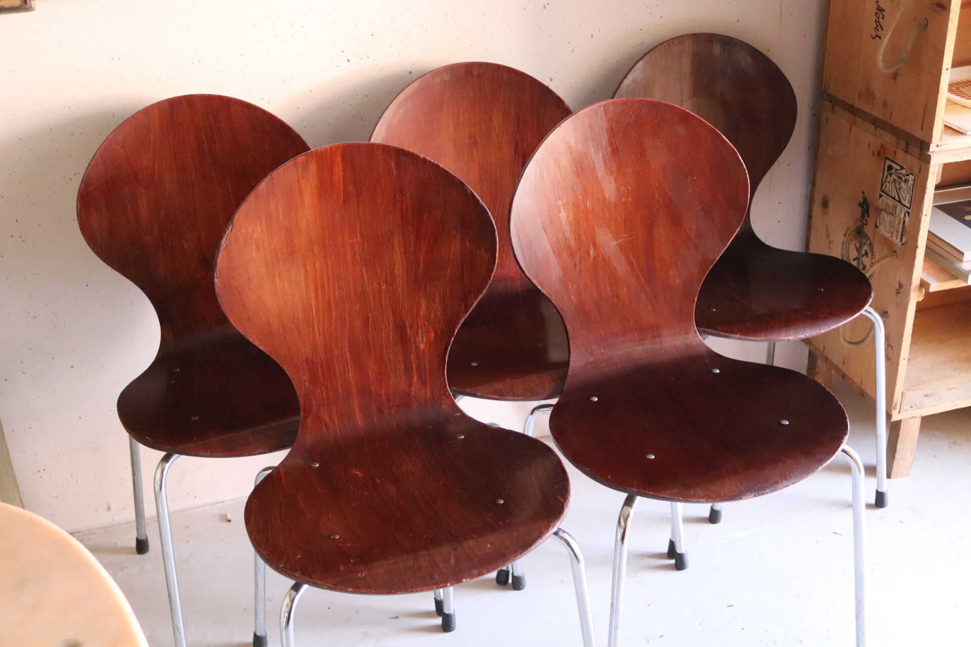 5 chaises style fourmi en contreplaqué moulé et métal chromé, esprit s