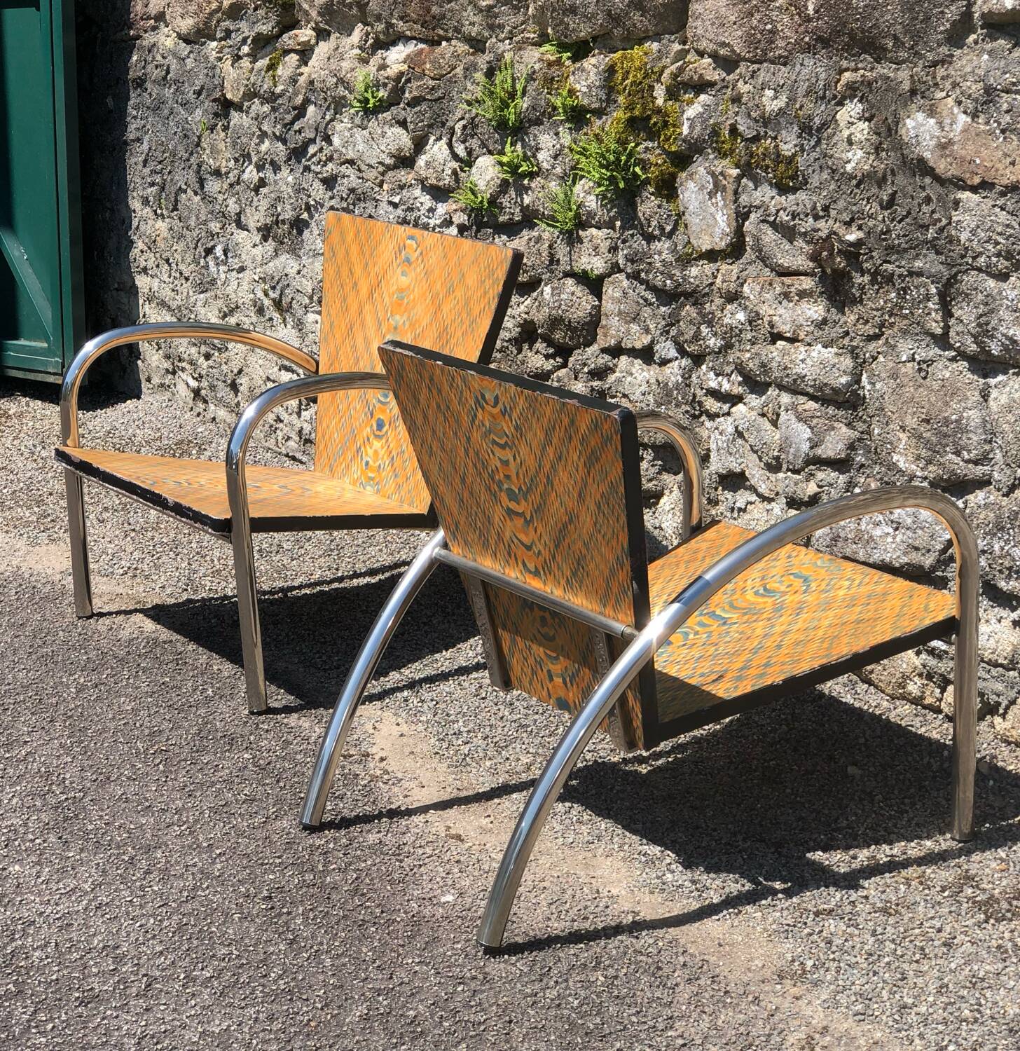 Pair of 2 atypical armchairs wood, chrome and leather vintage 1980