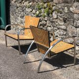 Pair of 2 atypical armchairs wood, chrome and leather vintage 1980