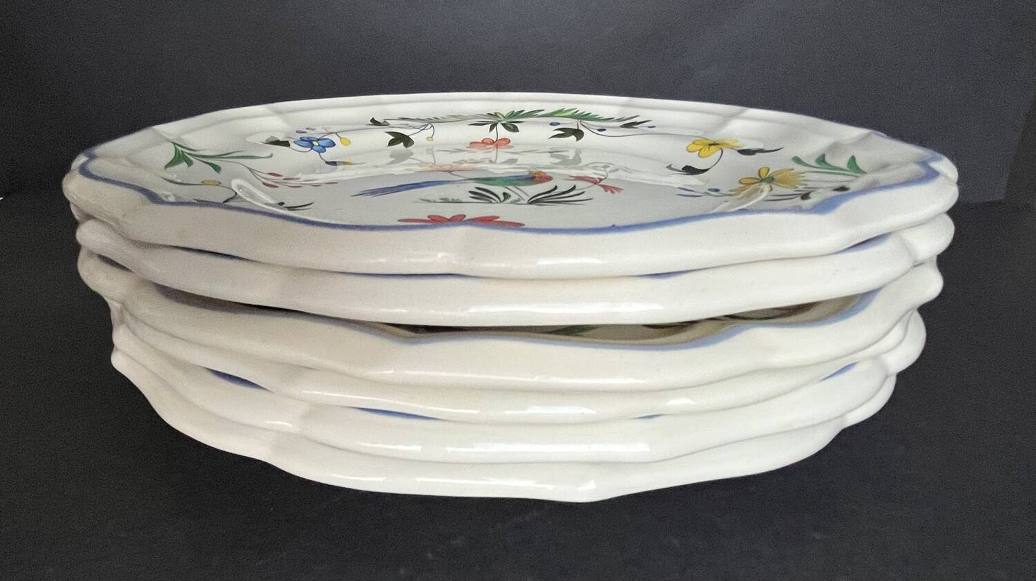 Suite de 6 assiettes plates GIEN oiseaux de paradis