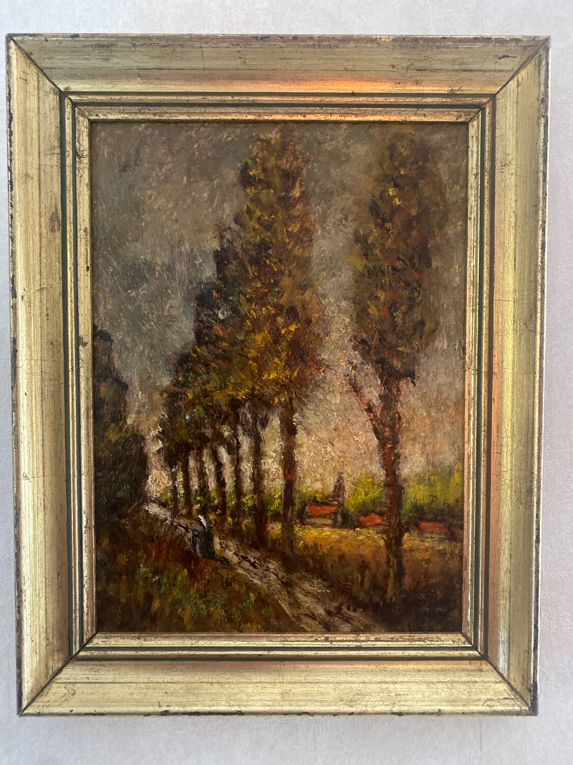 Tableau Ancien 1895 - Allée de Peupliers - Huile sur Panneau & Cadre D