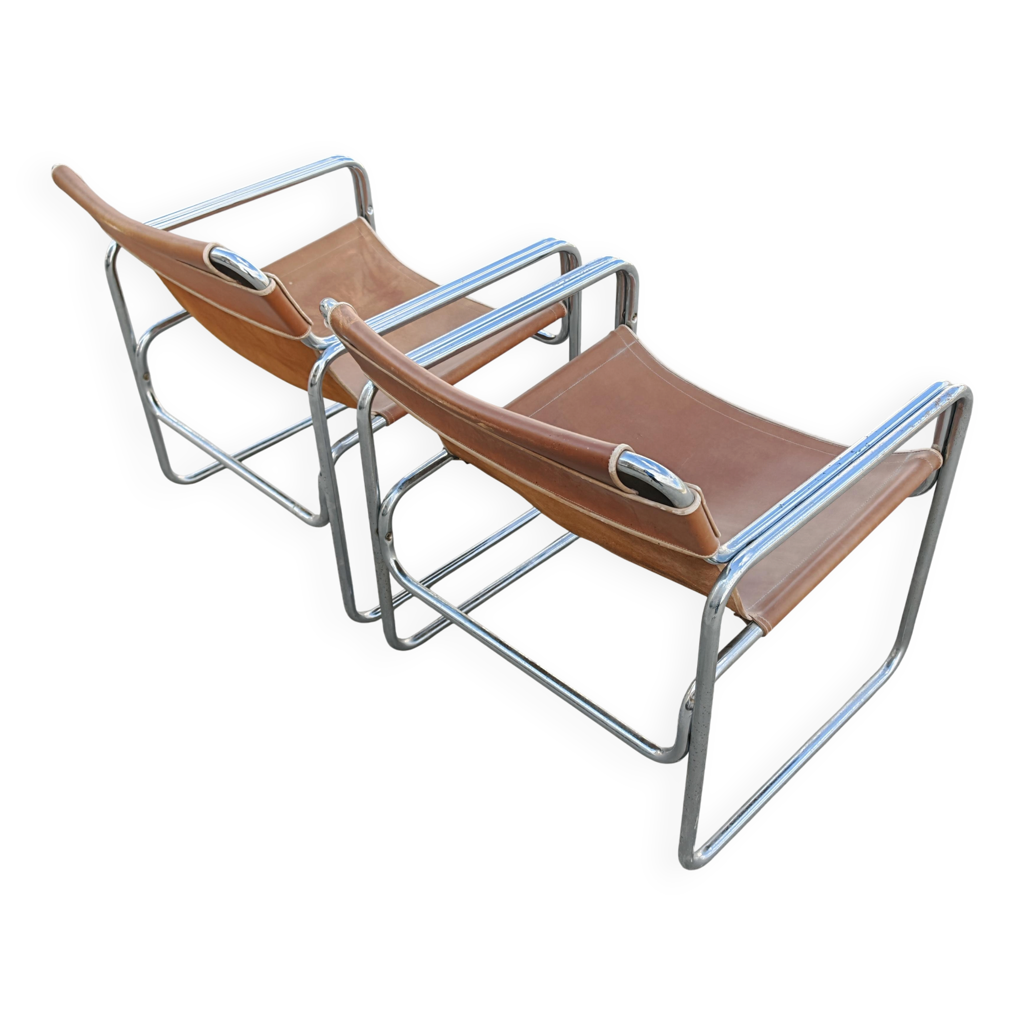 Pair of tubular lounge chairs in Bauhaus style, leather, Jox Interni, 1970s.