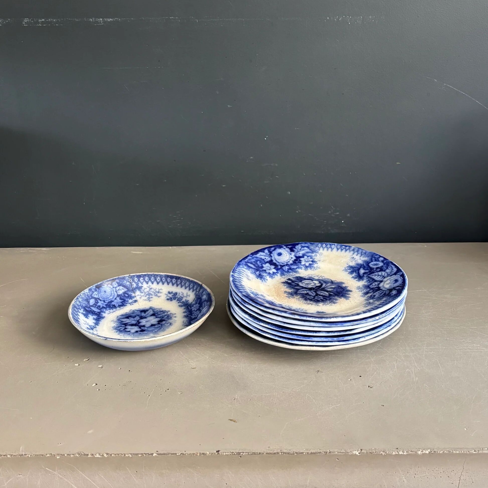 Stack of Sarreguemines plates, jardinière model.