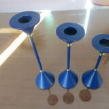 3 modernist Scandinavian candlesticks in blue lacquered metal and brass 60s 70s
