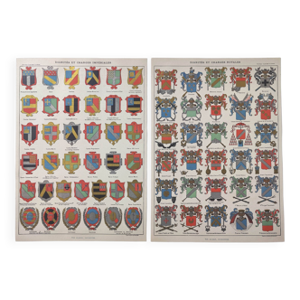 Lot deux Planches lithographies sur les blasons et couronnes  impériales et royales 1900