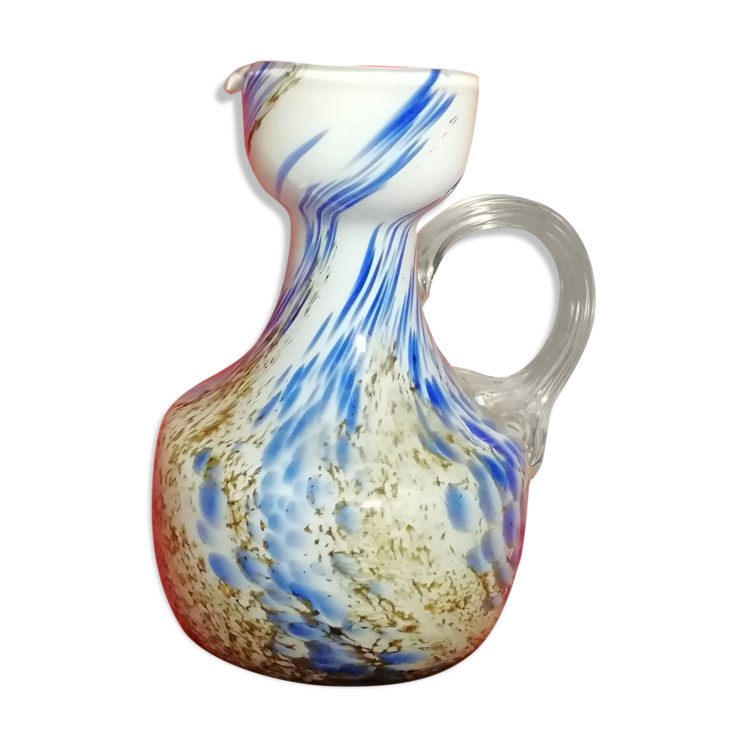 Former Clichy multilayer white blue blown glass pitcher