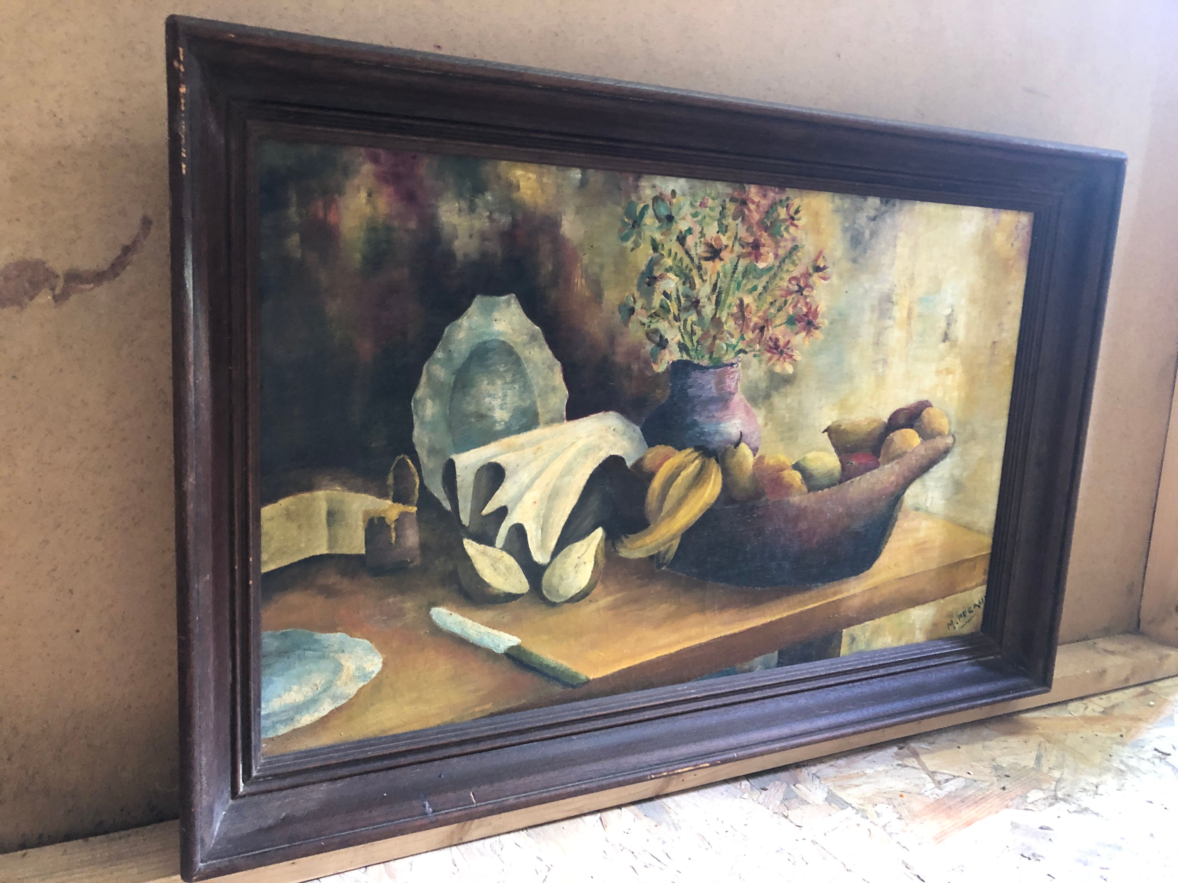Painting old oil on canvas m. preaux still life + vintage wood frame