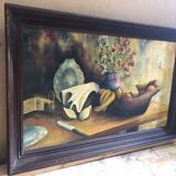 Tableau ancien huile sur toile M. Preaux nature morte + cadre bois vintage