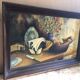 Painting old oil on canvas m. preaux still life + vintage wood frame
