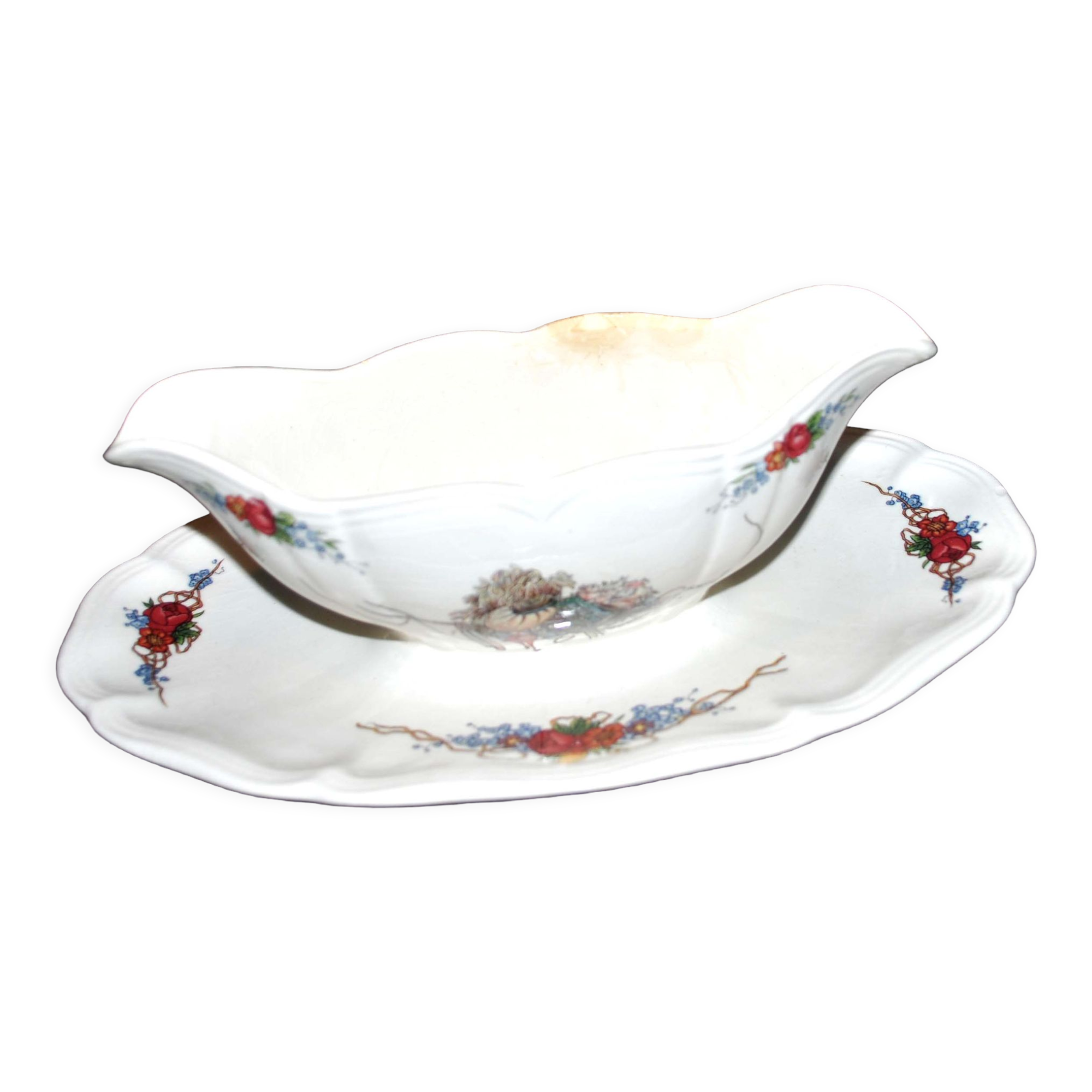 Set of 2 raviers and 1 Obernai saucière in earthenware of Sarreguemines - Décor of Loux