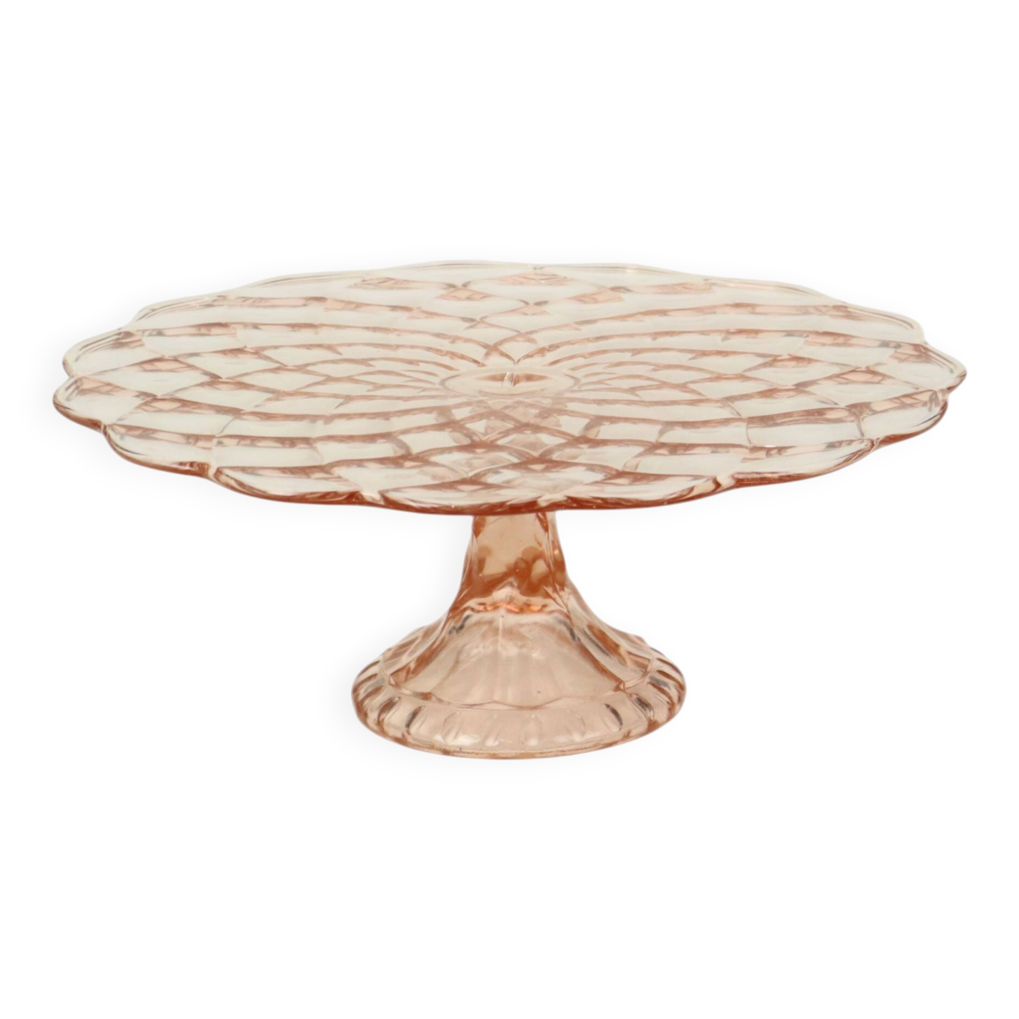 Pink Cake Stand Art Deco Pressed Glass Diamond Pattern