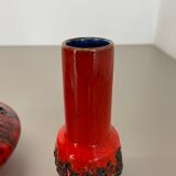 Set of 3 Red Black Ceramic Studio Pottery Vase Objects Otto Keramik Germany 1970