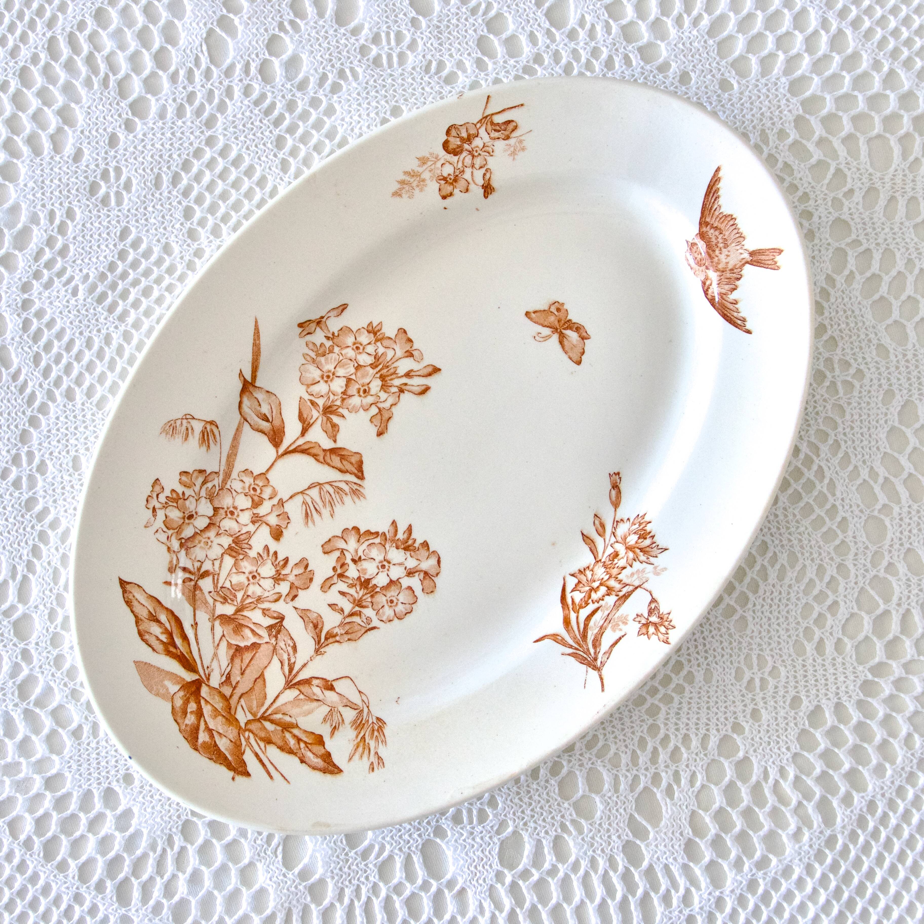 Large oval dish 19th century Longwy iron earth sepia "Botanical" bird