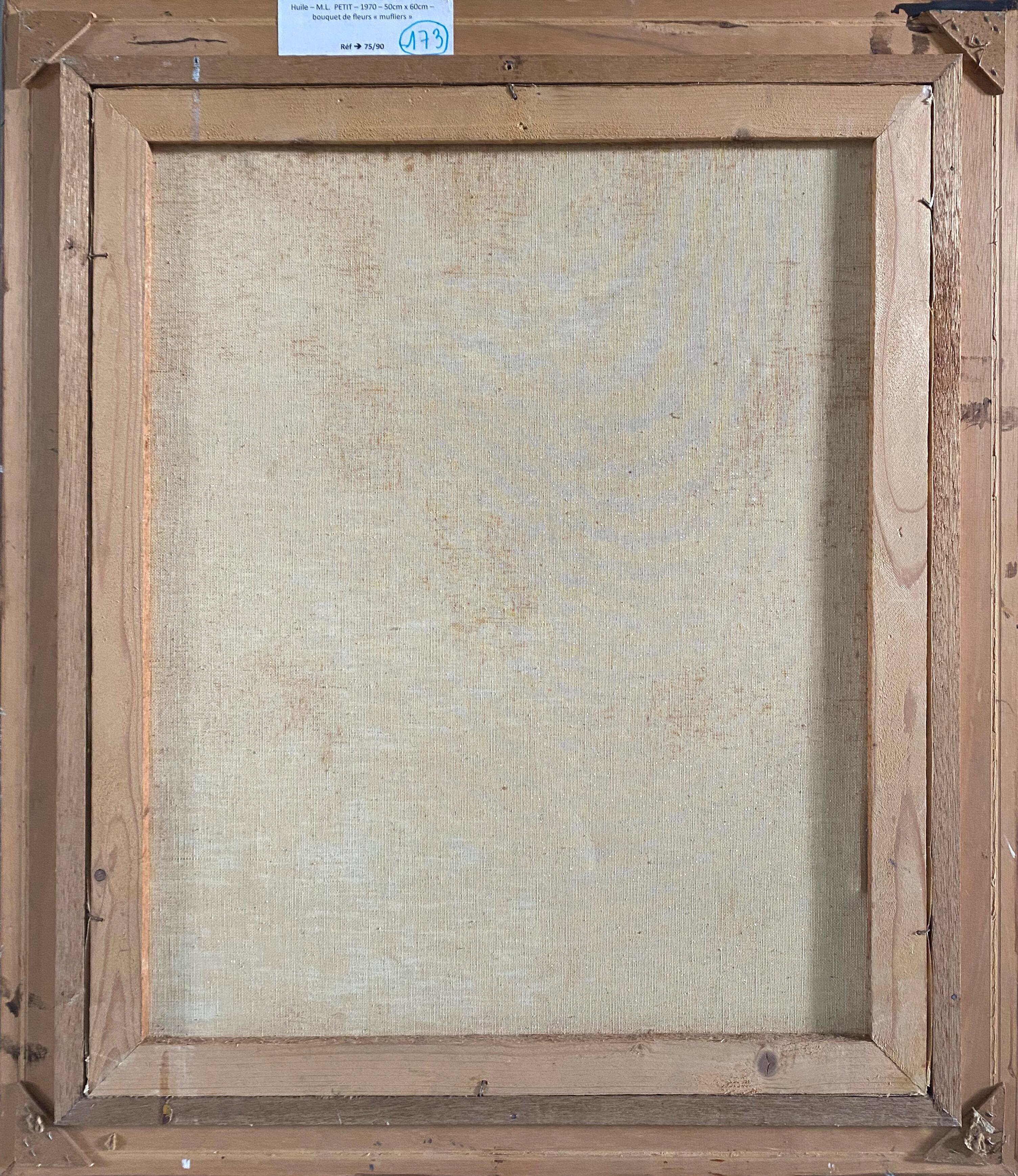 Hst painting of 1970 : "bouquet of muffliers flowers" signed m. l. petit