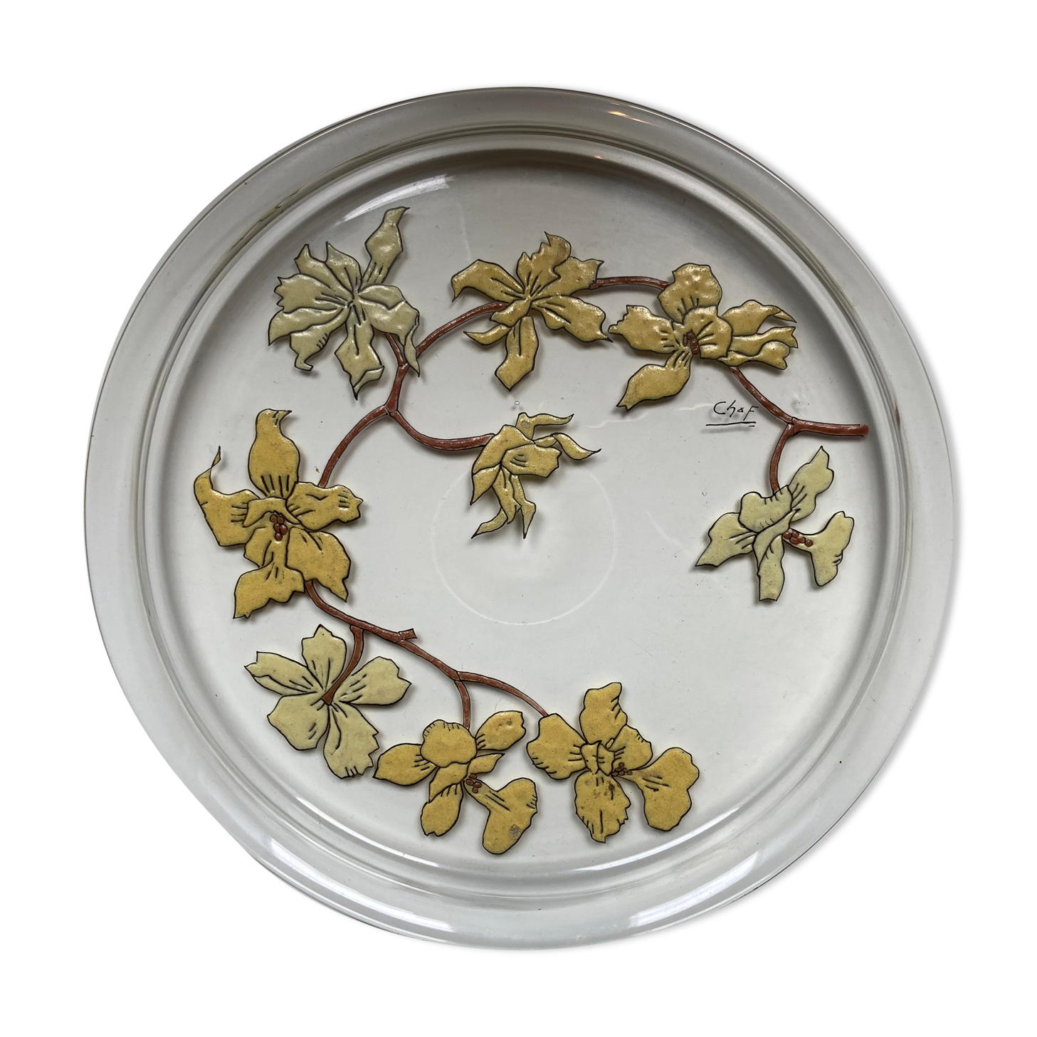 Former Art Nouveau Floral enamel glass flat tray signed Chaf Nancy School