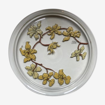 Former Art Nouveau Floral enamel glass flat tray signed Chaf Nancy School
