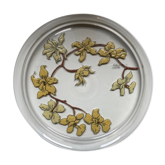 Plateau plat verre émaillée art nouveau floral signé Chaf école Nancy