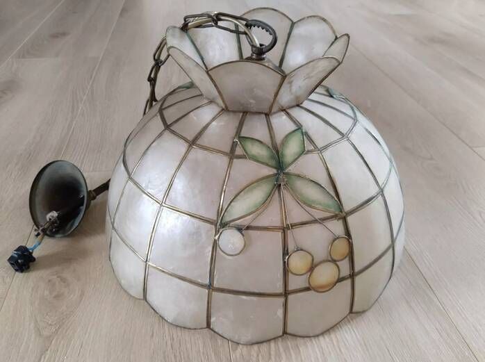 Mother-of-pearl and brass pendant light, vintage light fixture, 1950s
