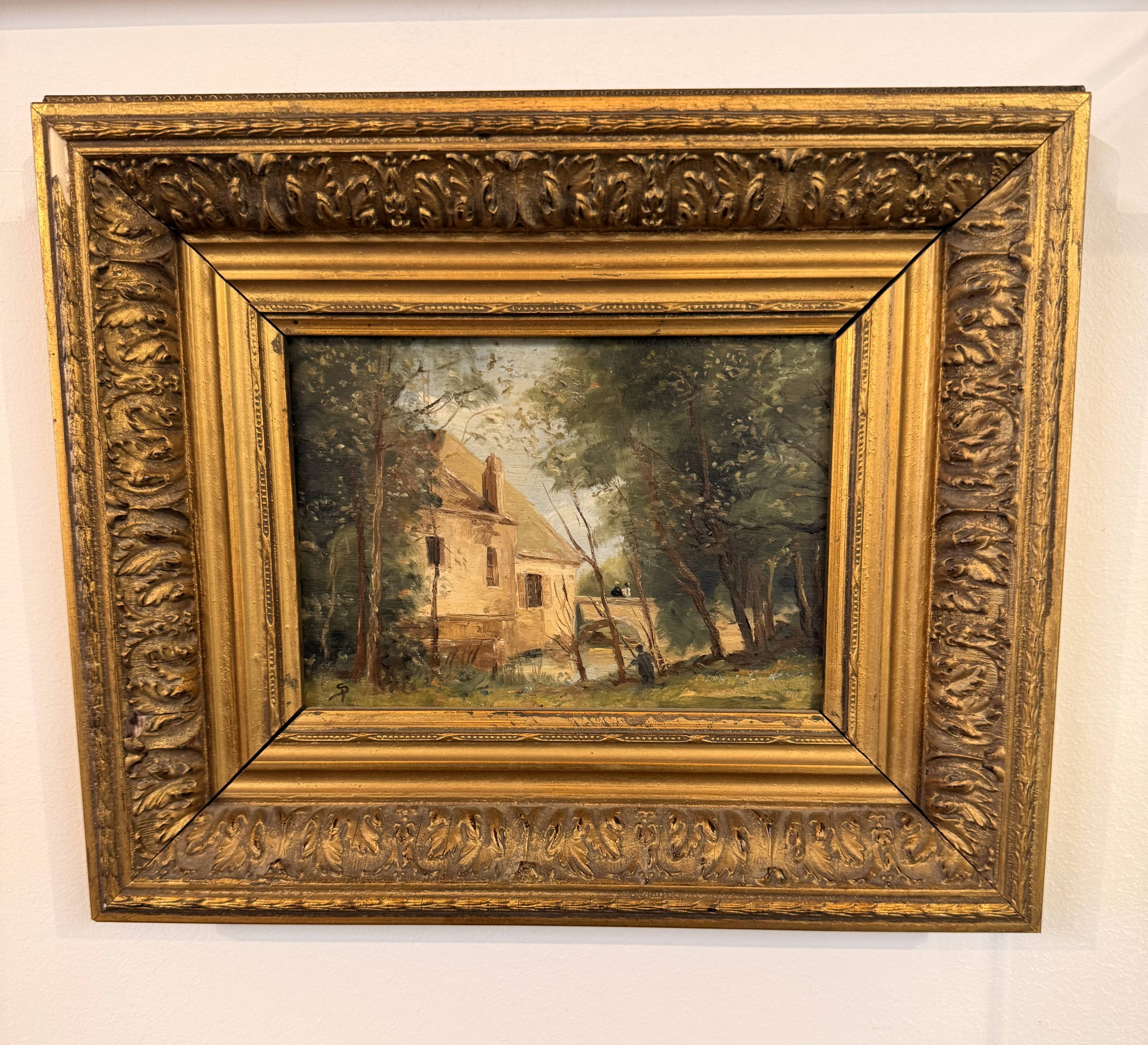 Ancienne huile sur bois – Maison en forêt – Paysage
