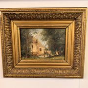 Old oil on wood – House in the forest – Landscape