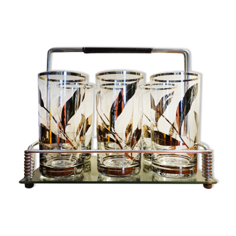 6 vintage water glasses / orangeade on metal and glass harness.