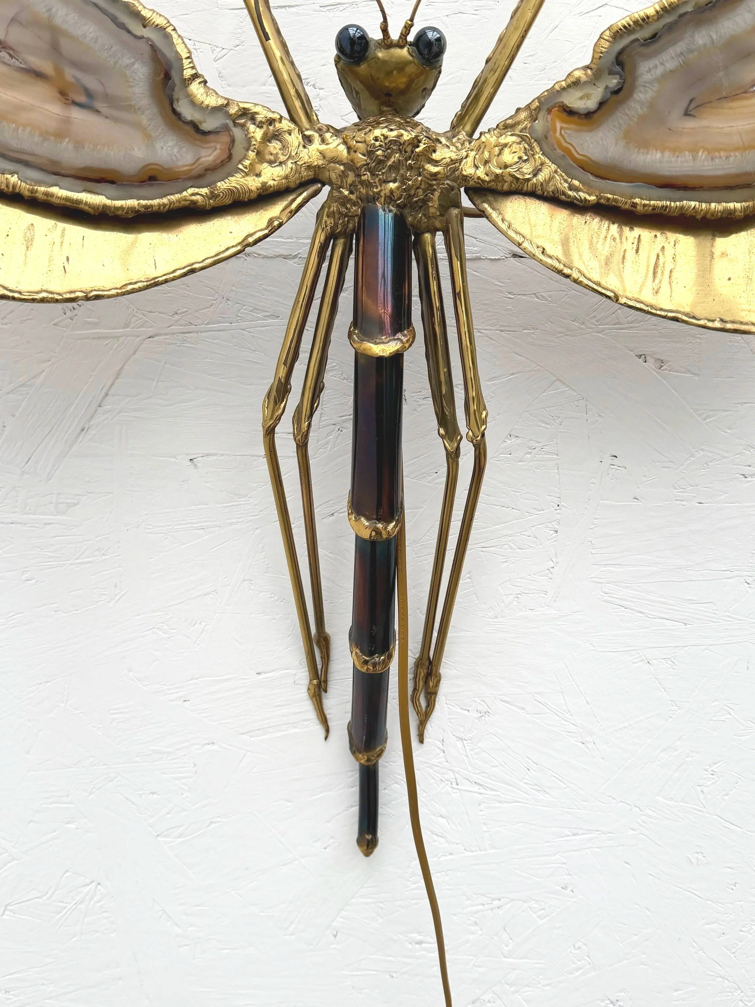 "Libellule" wall light by Jacques Duval Brasseur in brass and agate, 1970.