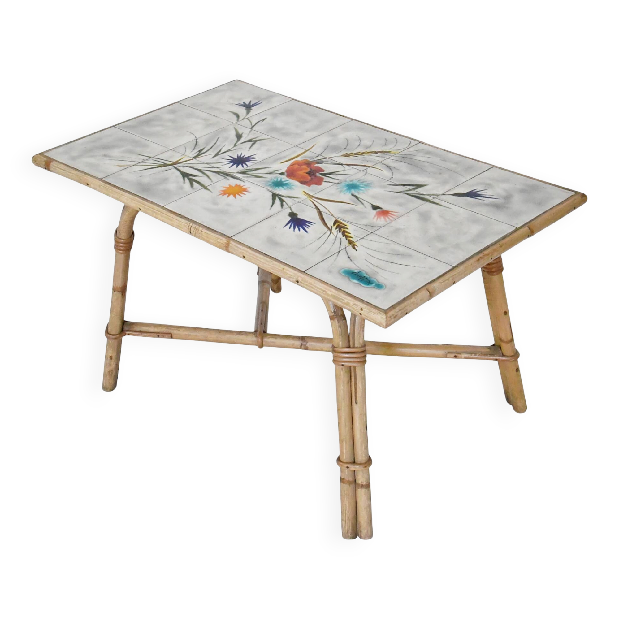 Audoux Minnet style coffee table in rattan and ceramic by Georges Chassin