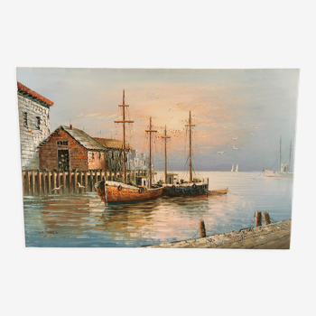 Peinture originale huile tableau impressionniste marine signé W. Jones lever soleil bateau port