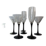 6 shiny black stemmed glasses domino collection by Luminarc, vintage 1980