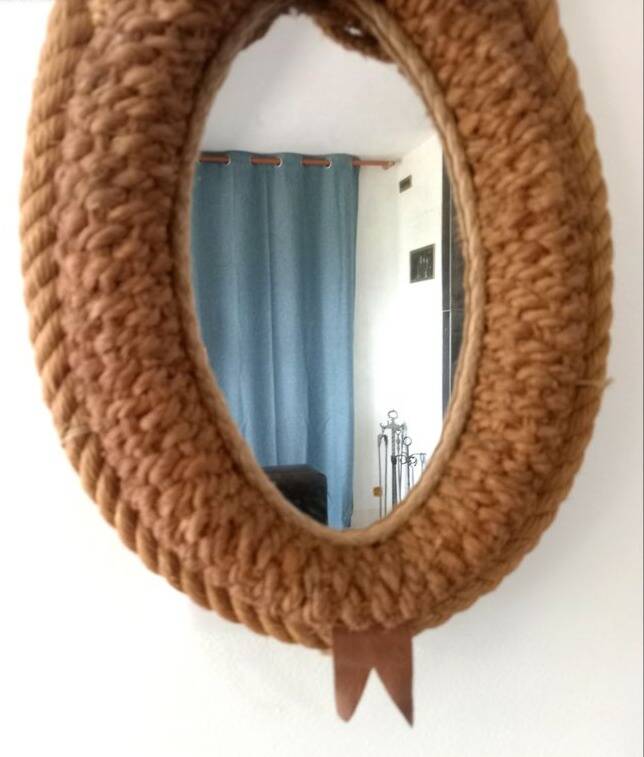 Audoux Minet vintage rope and leather designer mirror, 1950s