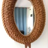 Audoux Minet vintage rope and leather designer mirror, 1950s