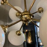 Chandelier pendant lamp design sputnik in golden brass, 8 globes balls opaline glass, ca 1970s
