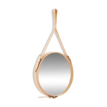 Handmade mirror in the style of J. Adnet in natural tanned vegetable leather, ø 58 cm