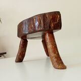 Vintage brutalist tripod stool in solid olive wood