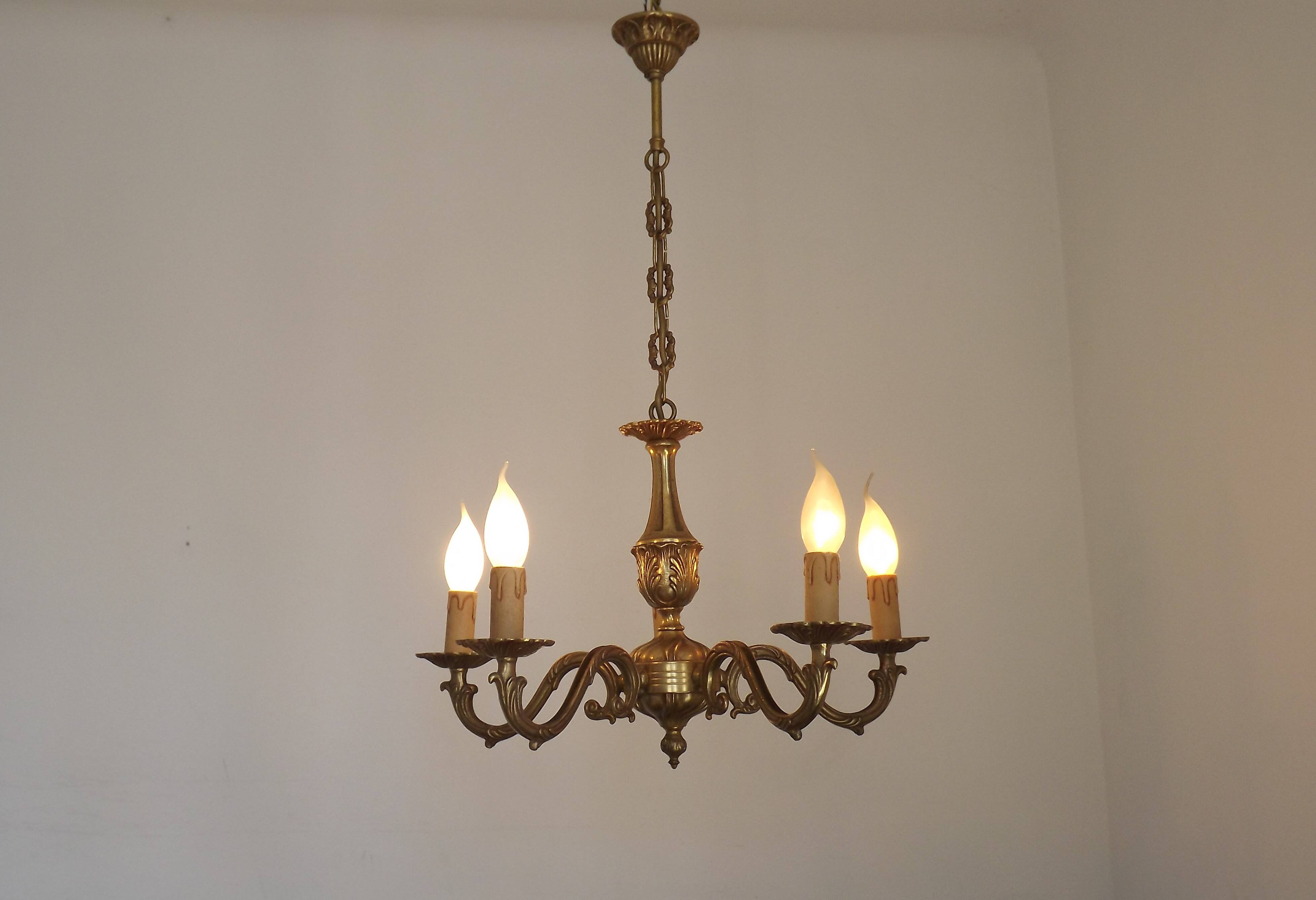 French Vintage Mid Century Bronze 5 Light Traditional Style Chandelier