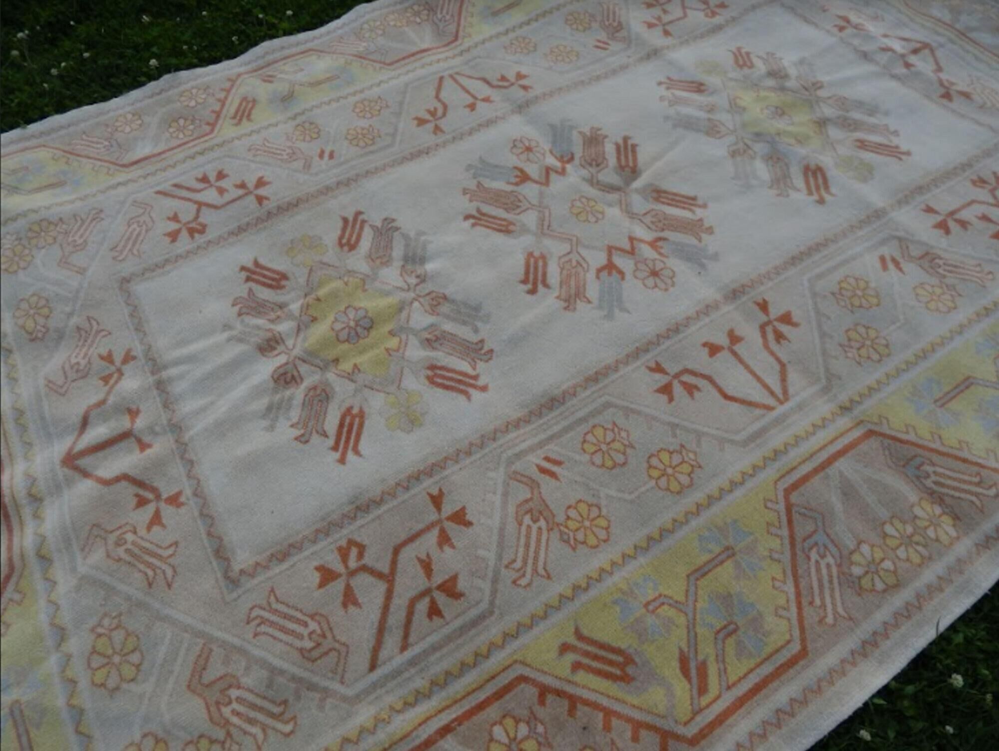 Hand-knotted orange low pile wool oushak rug 6′5″ × 9′5″ (195 x 287 cm)