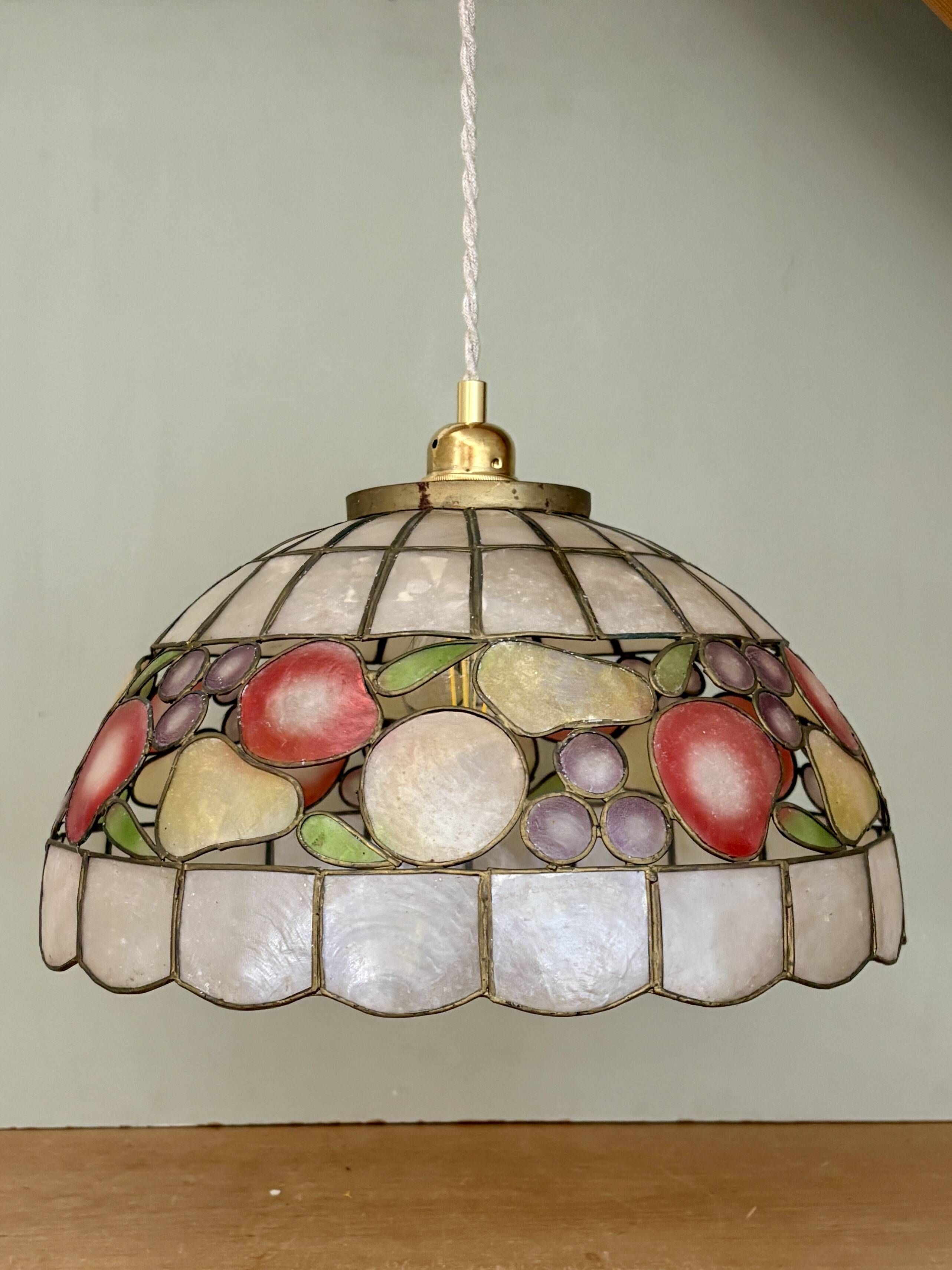 Vintage mother-of-pearl and brass pendant lampshade with fruit decorations