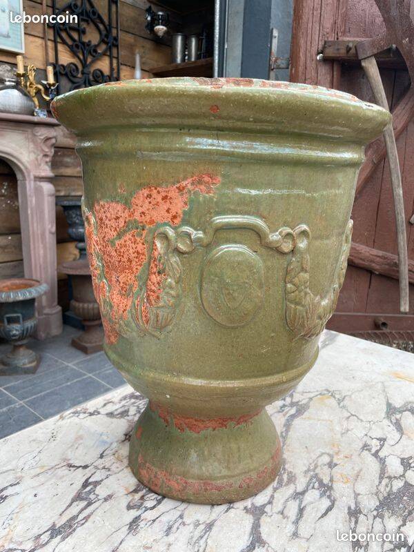 Antique French enamelled earthenware planter or pot