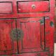 Small antique Chinese buffet (1920-1950) in rustic style, red lacquered, ori