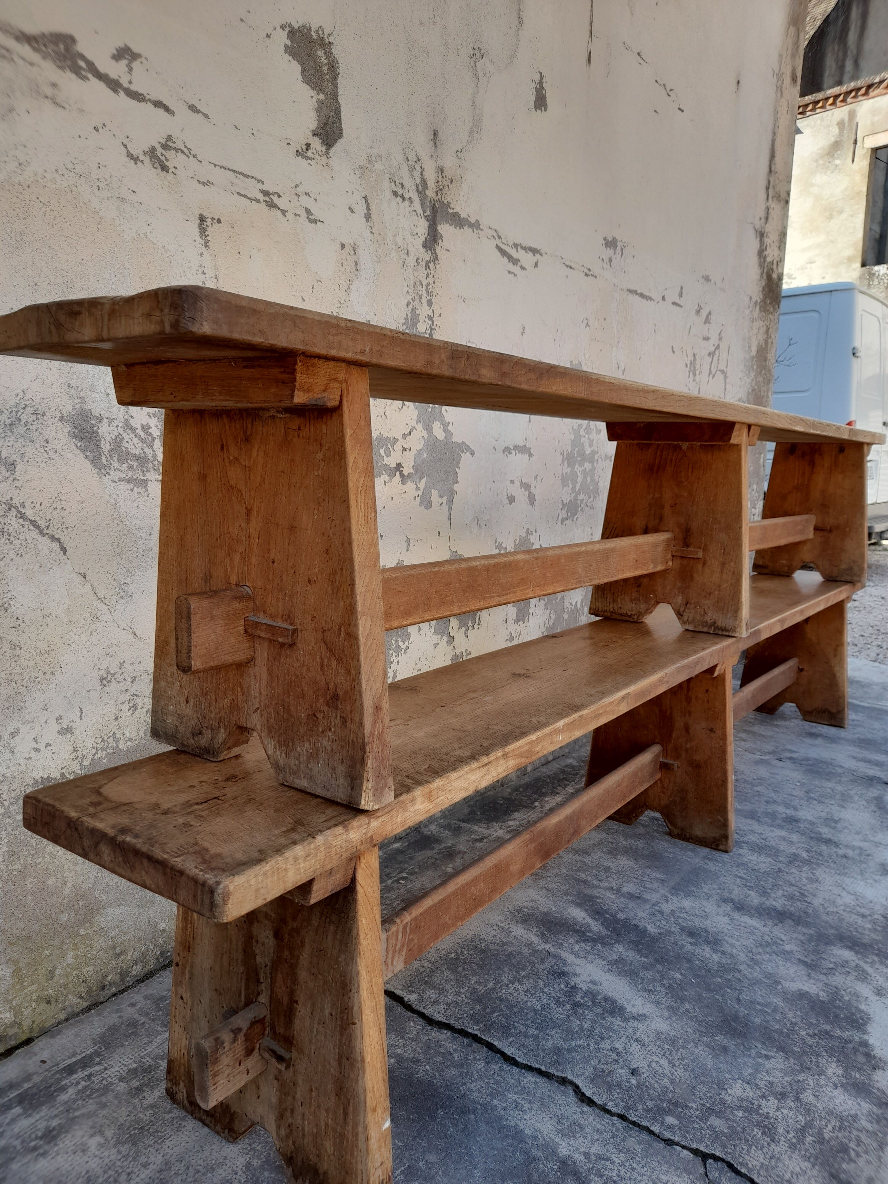 Pair of oak old farm benches 2m71