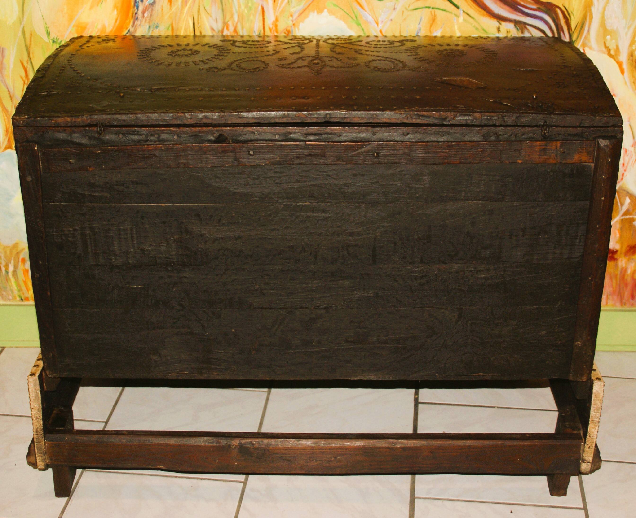 17th century studded leather travel trunk, richly decorated
